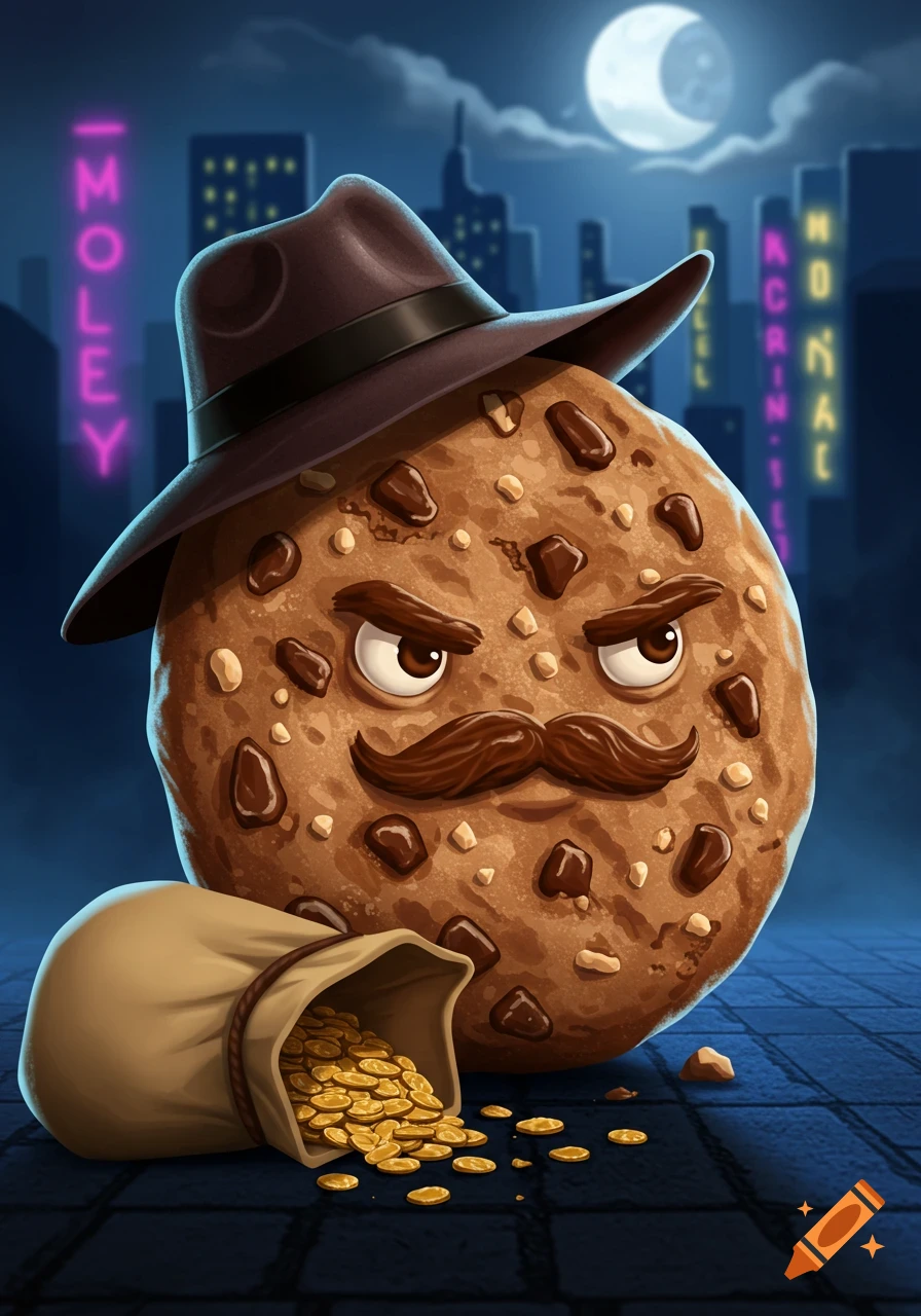 A cartoon cookie with a mustache and fedora stands with a bag of gold coins on a city street at night. Neon signs are visible in the background.