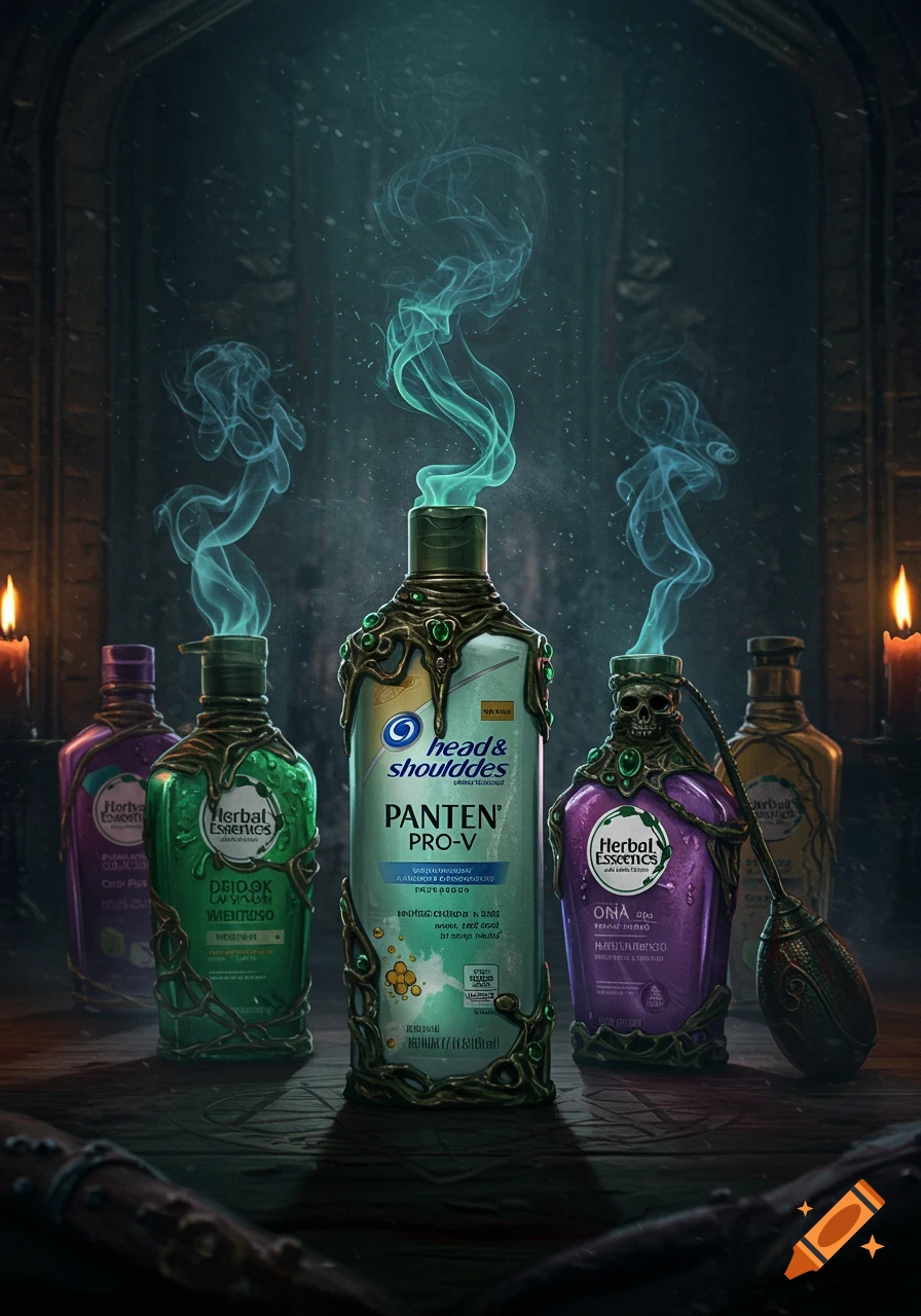Digital painting of shampoo bottles transformed into ornate, glowing, ominous magical potions on a dark altar, emitting green and blue smoke.