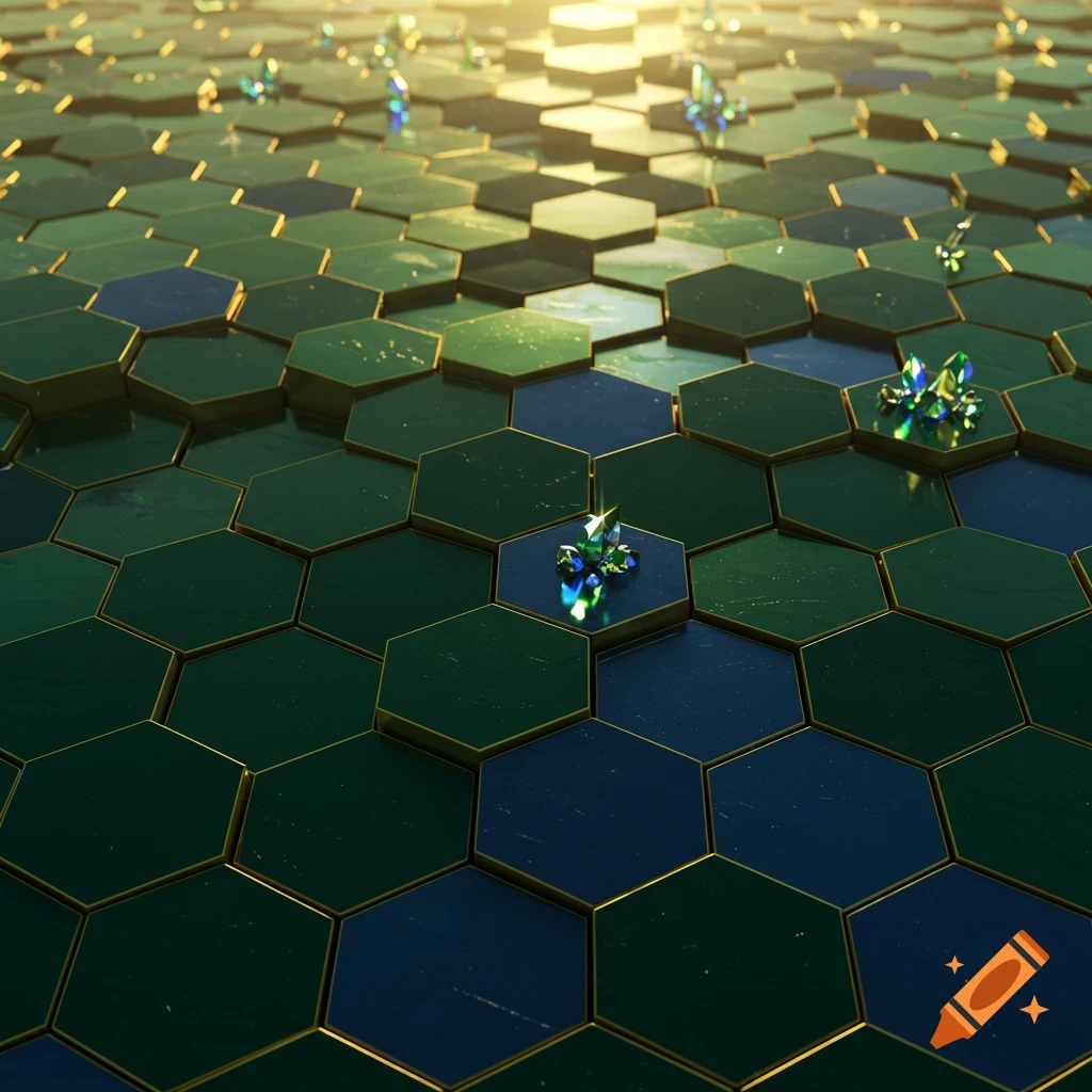A tiled surface of dark green and blue hexagons with gold borders, featuring sparkling green and blue crystals, under a bright light.