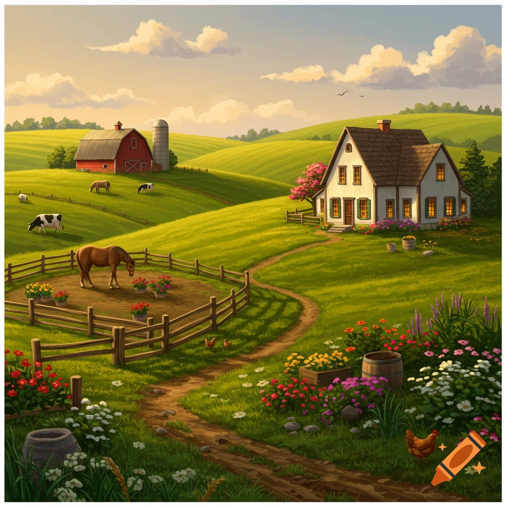 A vibrant, sunny cartoon farm landscape with a white farmhouse, red barn, green rolling hills, a horse in a paddock, cows grazing, and a chicken near a winding dirt path.