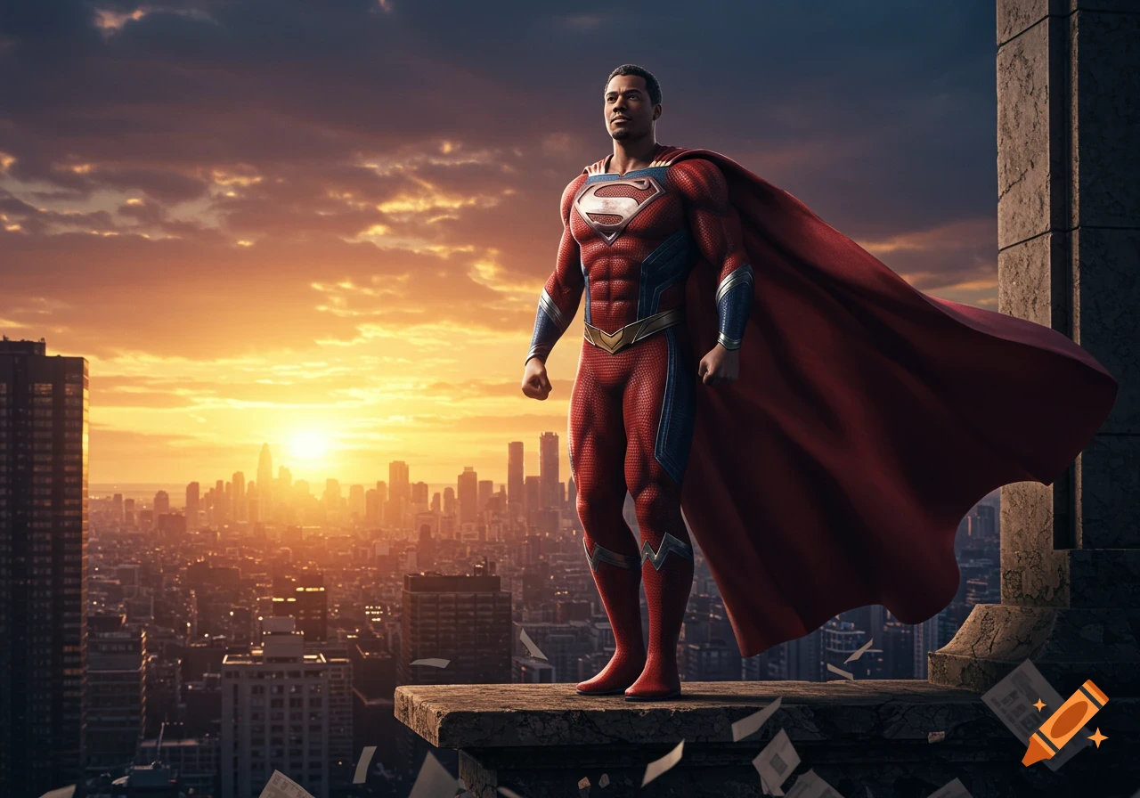 A male superhero in a red and blue suit with a red cape stands on a building ledge overlooking a city at sunset in a photorealistic style.