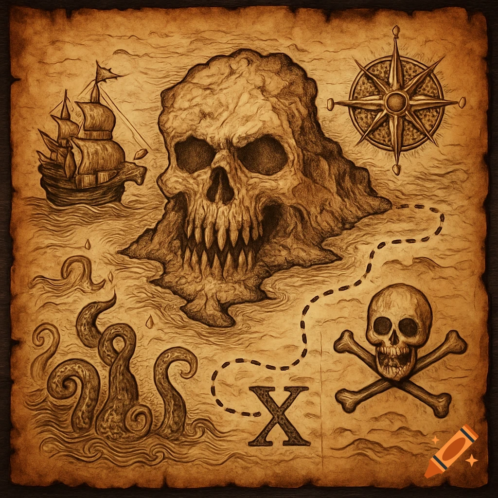 An old illustrated pirate treasure map features a skull-shaped island, a ship, a compass rose, sea monster tentacles, and an 'X' marking the spot.