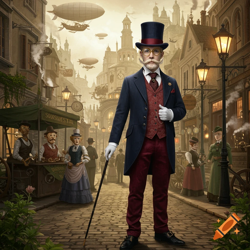 A stylish dandy in a top hat and coat stands on a cobblestone street in a bustling steampunk city with airships flying overhead.