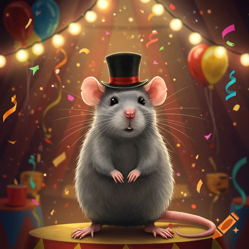 A cute grey rat wearing a top hat stands on a circus stage amidst falling confetti and balloons, with string lights.