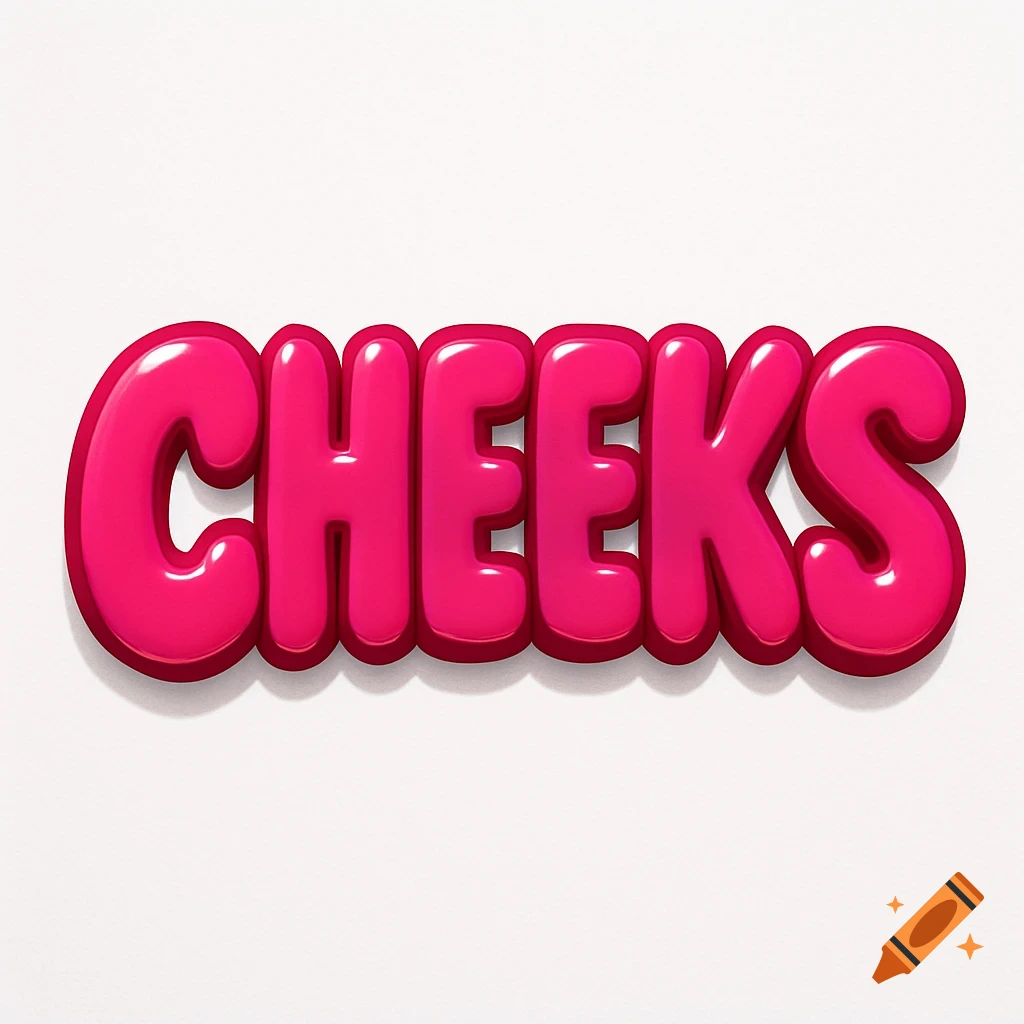Bright pink, glossy, bubbly 3D text spelling 'CHEEKS' on a white background.