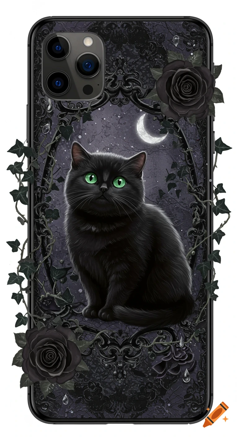 A cute black cat with green eyes on a gothic-themed phone case, adorned with black roses, ivy vines, a crescent moon, and a starry night sky.