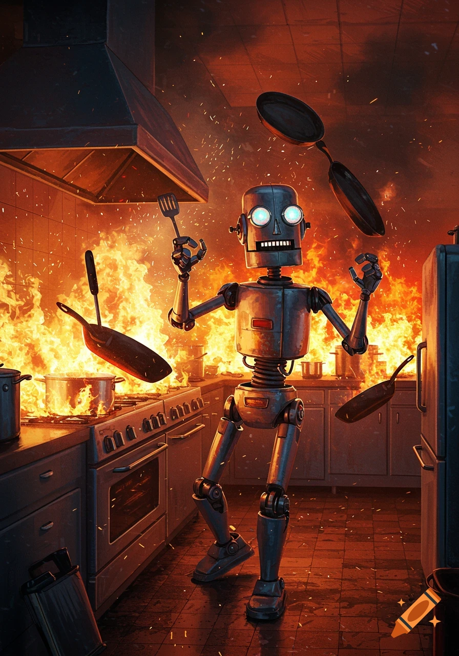 A stressed robot with glowing eyes panics in a kitchen engulfed in stylized flames, juggling cooking pans and a spatula.