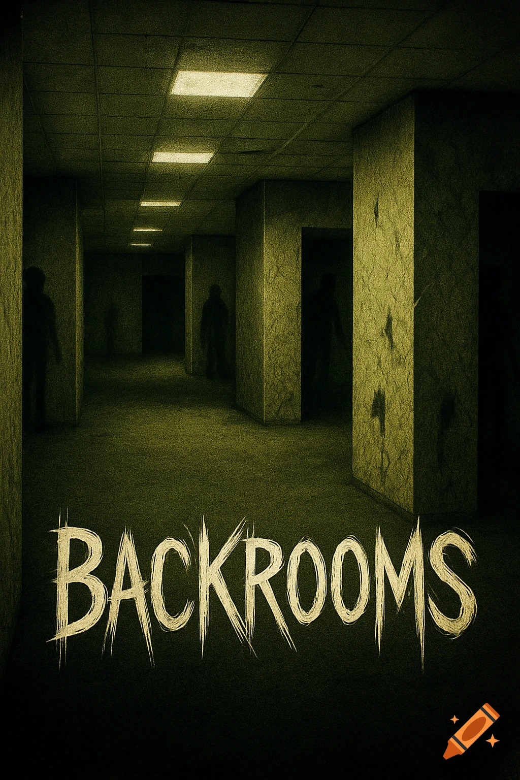 Dark, grainy horror movie poster for BACKROOMS, showing a greenish, endless hallway with shadowy figures.
