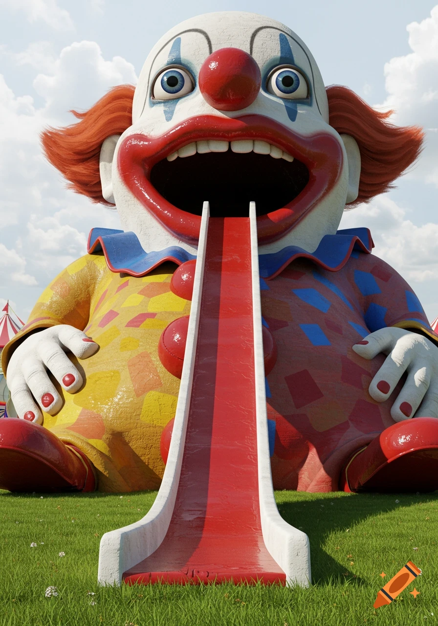 A giant, colorful clown with unfocused eyes and an open mouth forming a red slide sits in green grass under a cloudy sky.