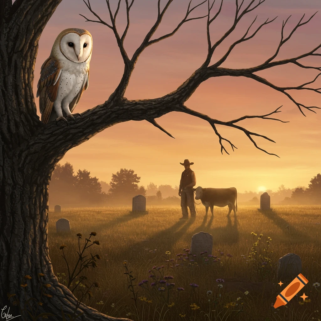A barn owl perches on a gnarled tree branch, overlooking a cowboy and cow standing among gravestones in a misty field at sunset.