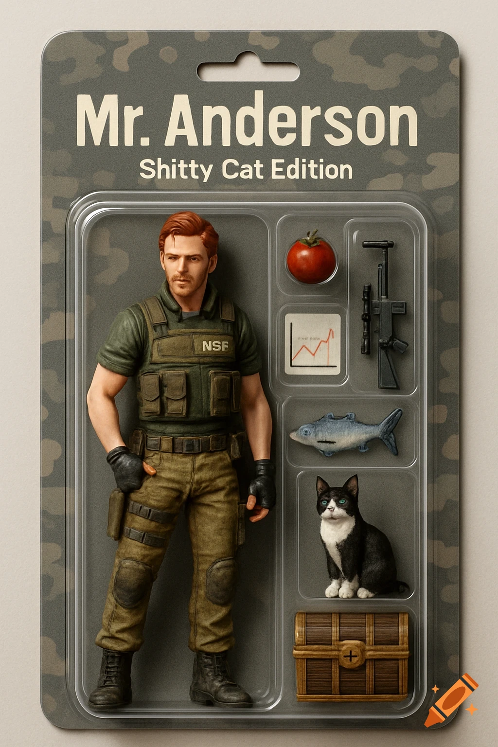 Action figure of a red-haired man in military gear, packaged with accessories including a black and white cat, a sniper rifle, and a treasure chest. The packaging header reads "Mr. Anderson Shitty Cat Edition".