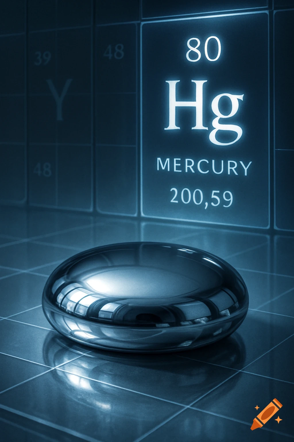 A shiny droplet of liquid mercury rests on a tiled surface, with a glowing periodic table element square for Mercury (Hg) in the background.