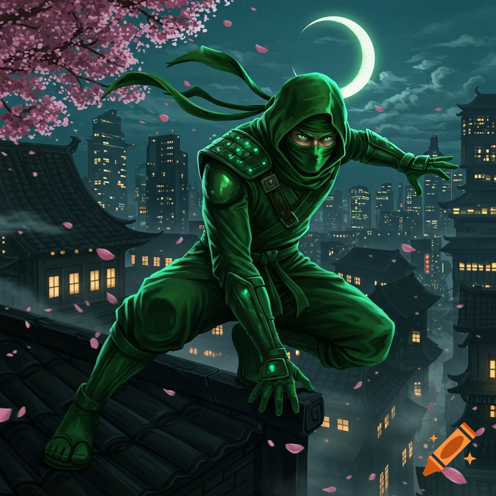 A green ninja crouches on a tiled rooftop at night, overlooking a city skyline with pink cherry blossoms and a crescent moon.