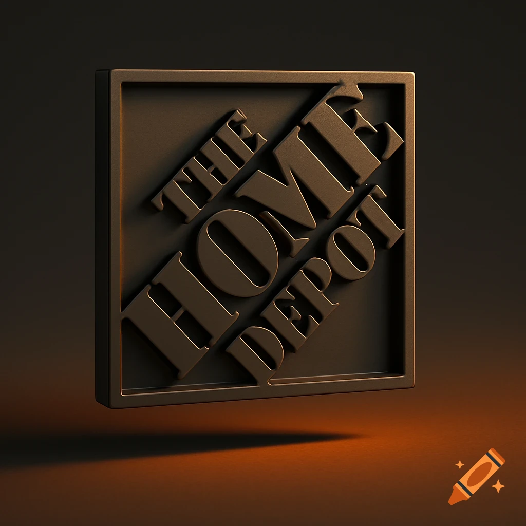 3D matte bronze Home Depot logo with an orange shadow on a dark background.