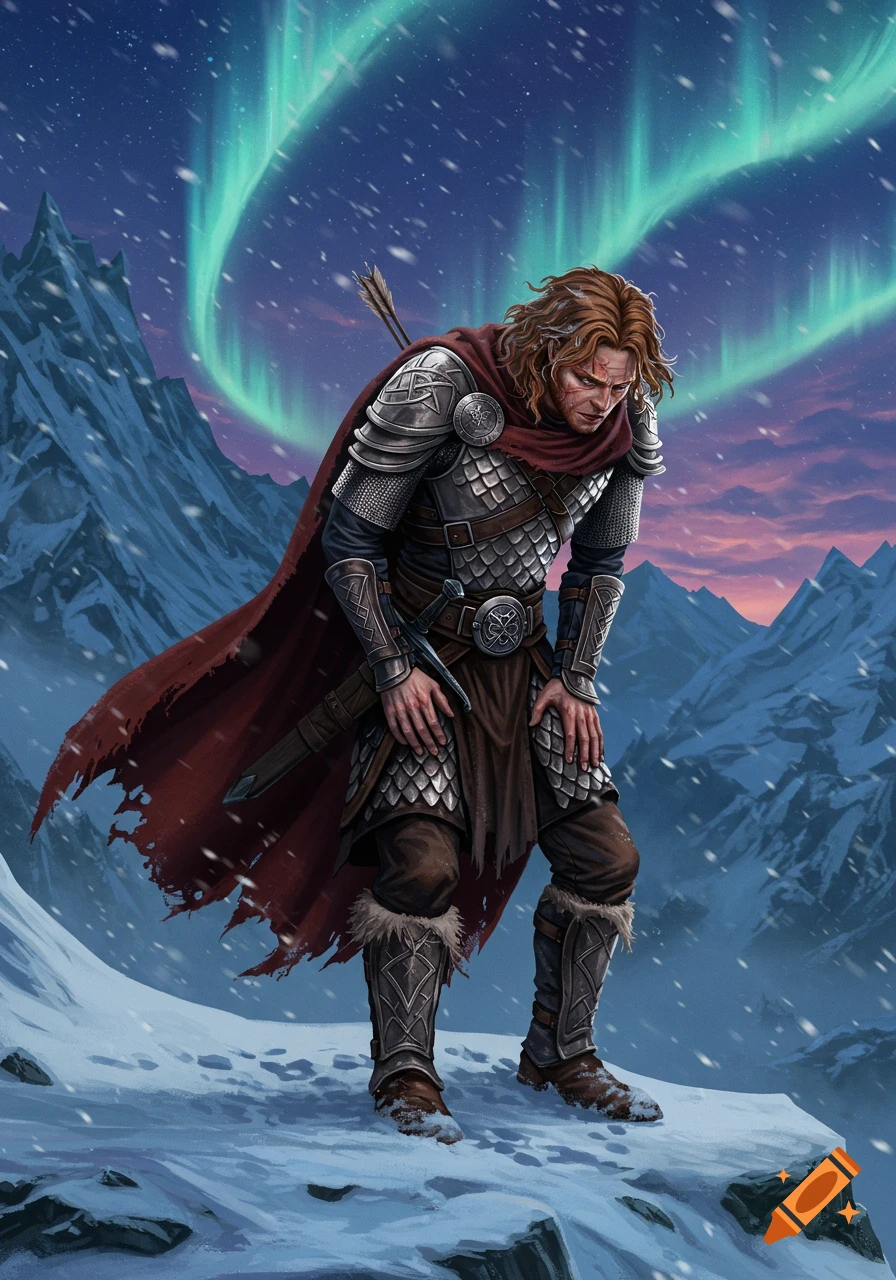 A weary Norse warrior in armor and a red cape stands in a snowy mountain landscape under a vibrant aurora borealis sky.