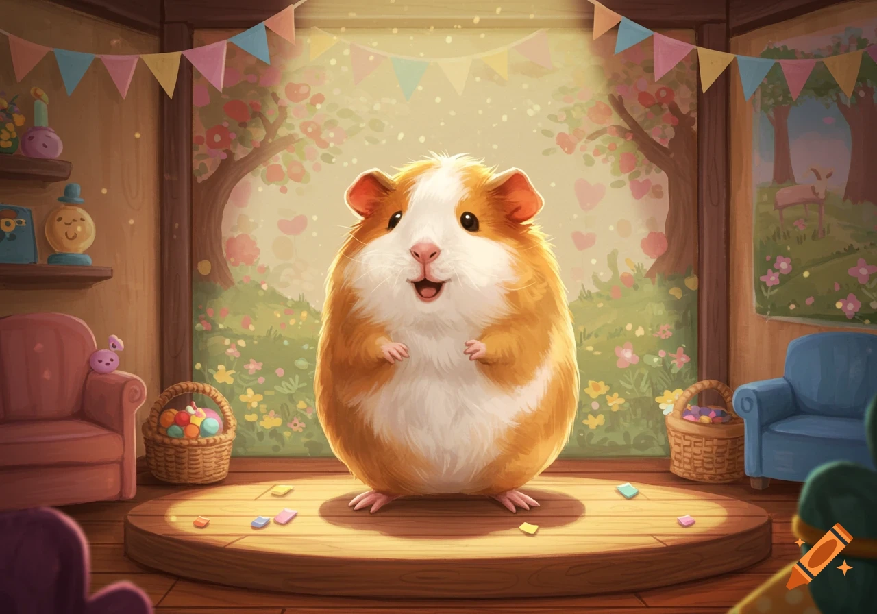 A happy cartoon guinea pig stands on a wooden stage, surrounded by colorful party decorations and confetti.