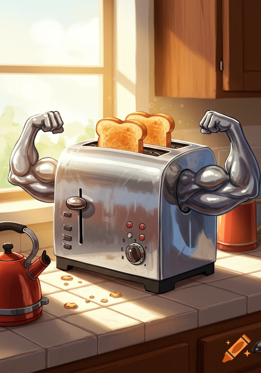 A cartoonish silver toaster with muscular arms flexes while two slices of golden toast pop out, in a sunlit kitchen.