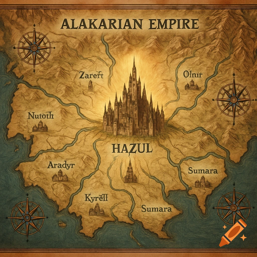 A detailed fantasy map of the Alakarian Empire, showing mountains, rivers, cities, and the central capital Hazul.