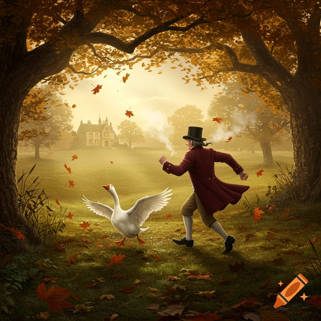 A baron in a red coat chases a white goose through a vibrant autumn landscape with falling leaves and a distant manor.