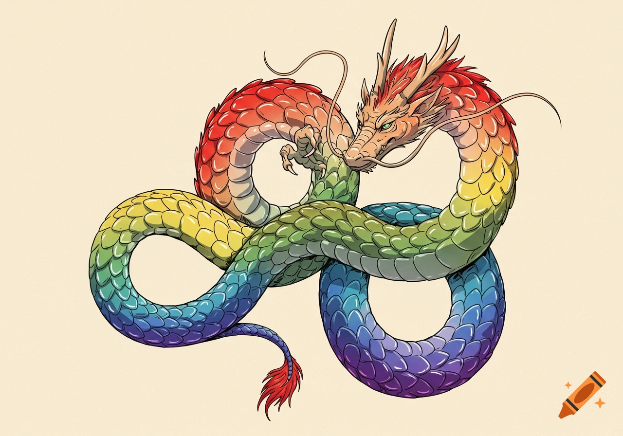 A vibrant Eastern dragon with a rainbow-colored, segmented body coils on a plain background, drawn in a clean, graphic style.