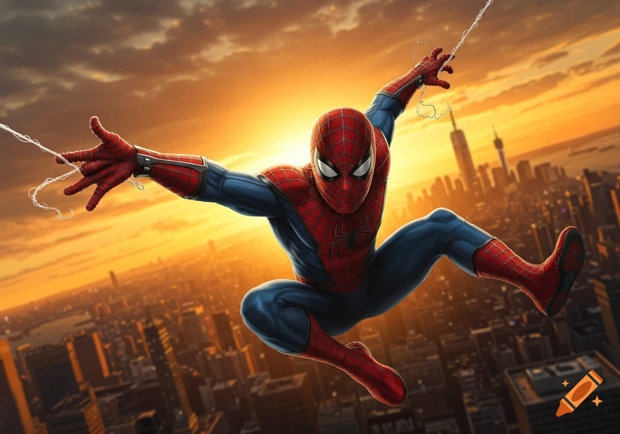 Spider-Man leaps across a city skyline at sunset, casting a web.