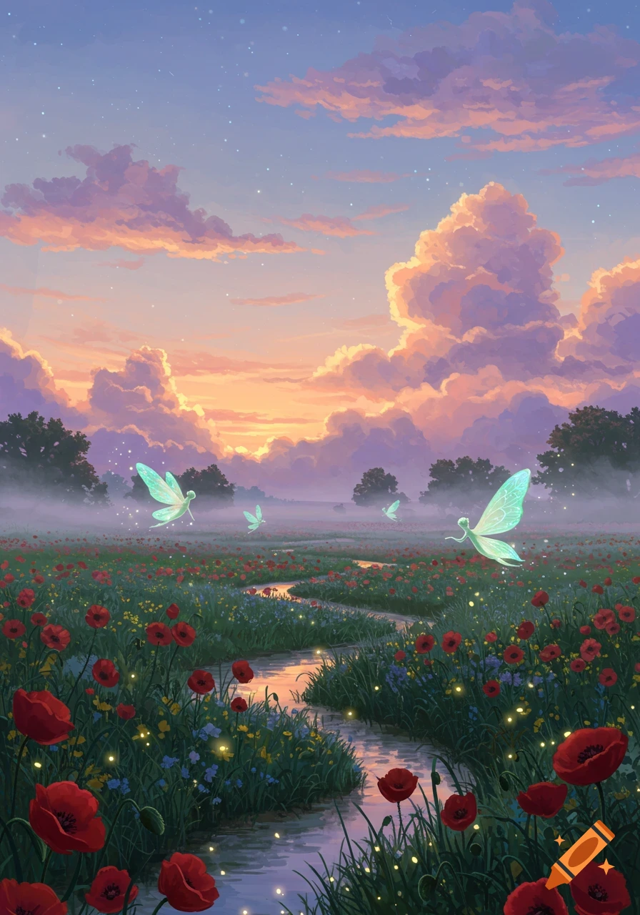 Digital painting of glowing fairies over a field of red poppies and a stream, under a sunset sky.