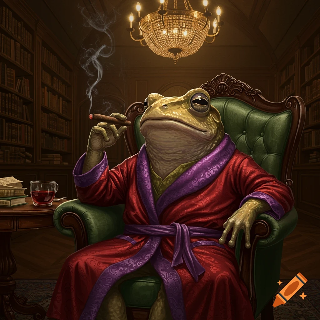 A detailed illustration of a toad person in a red robe, smoking a cigar while seated in a luxurious library armchair.