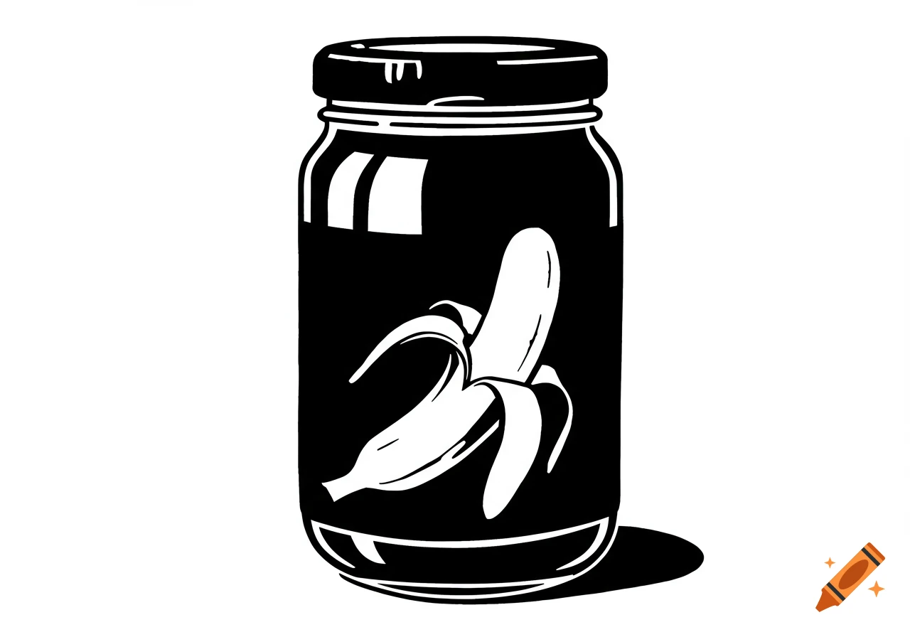 Black and white stencil illustration of a peeled banana in a jar.
