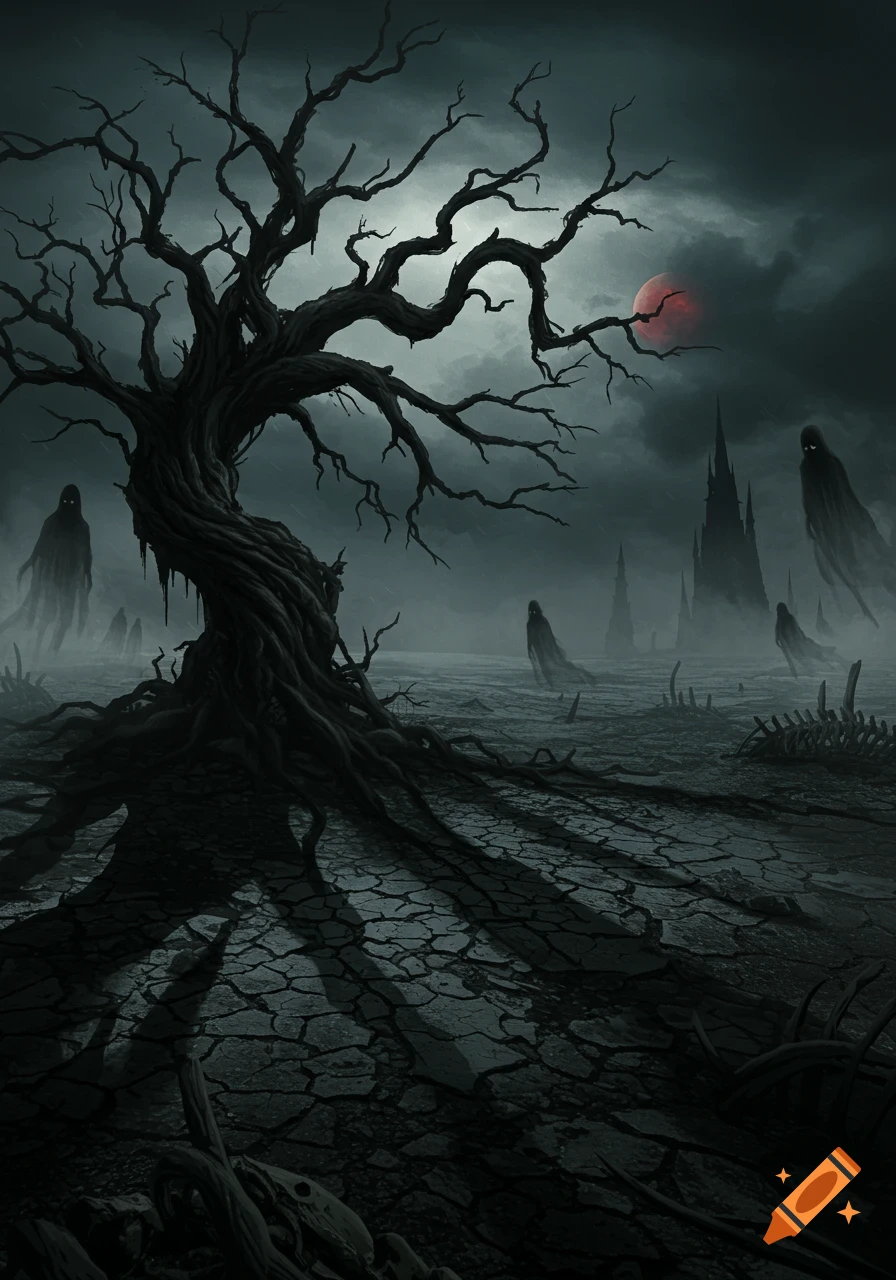 A dark gothic landscape with a gnarled, bare tree, ghostly figures, cracked earth, a red moon, and distant castle spires under a stormy sky.