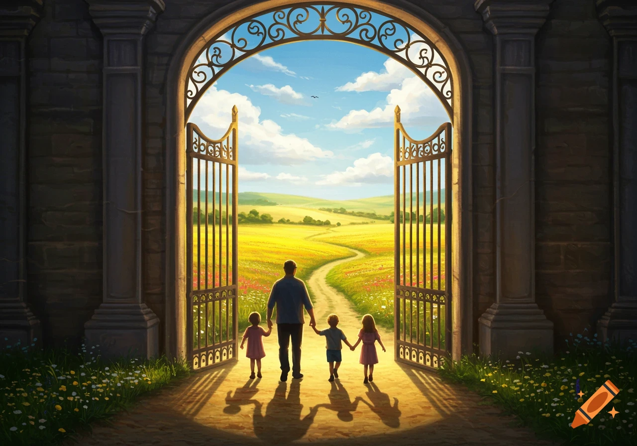 An adult and three children hold hands, walking through a grand ornate gate into a sunny, golden countryside with a winding path.