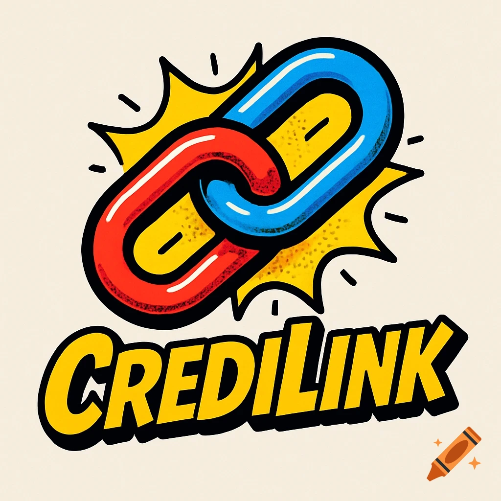 A comic-style logo for CrediLink featuring an interlocking red and blue chain link against a yellow burst.