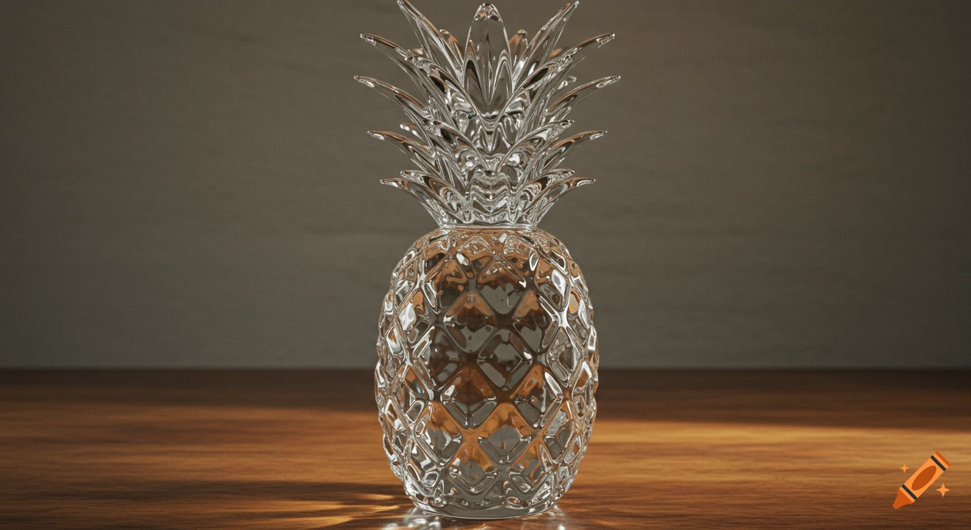 A photorealistic render of a clear glass crystal pineapple on a wooden surface.