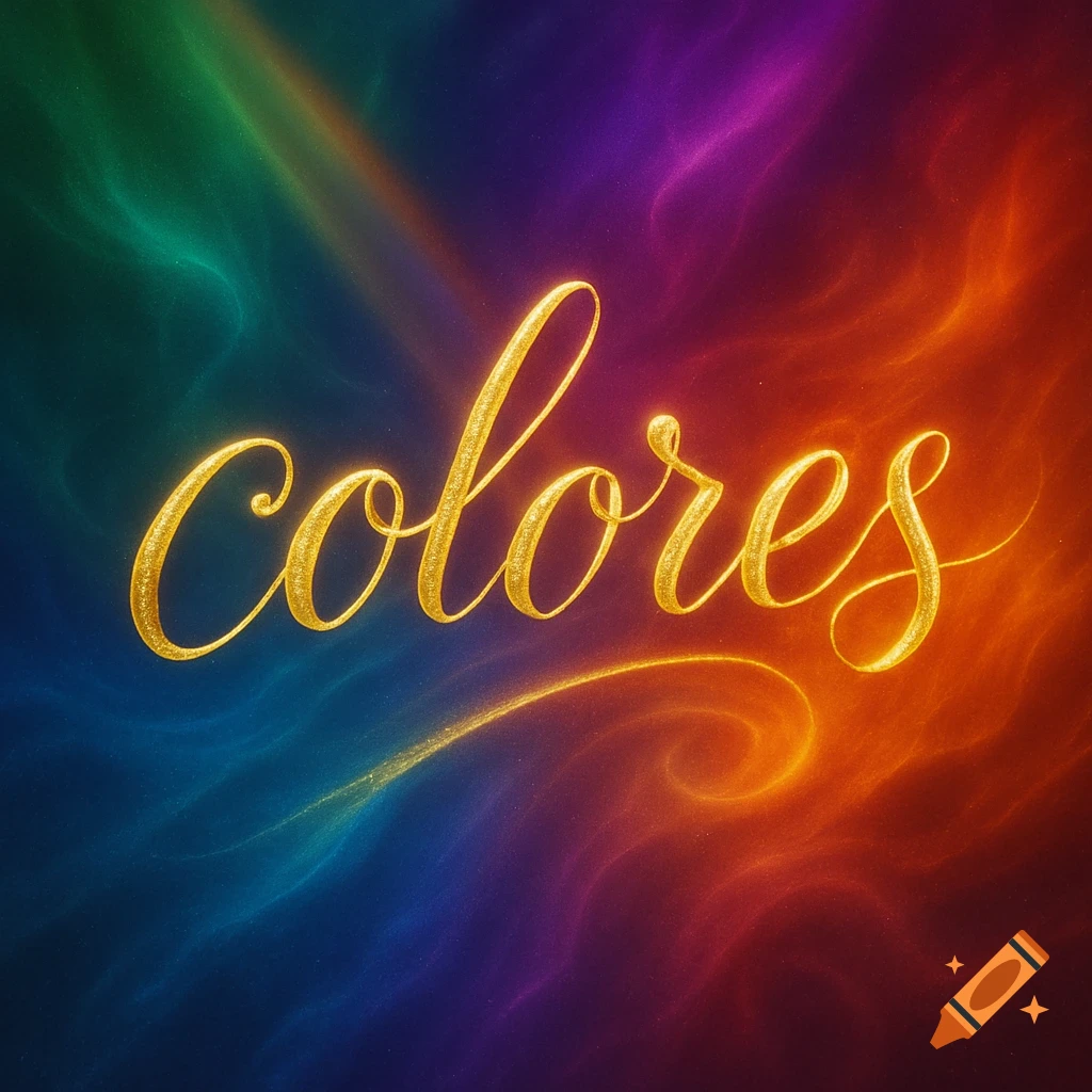 Golden cursive text 'colores' on a vibrant, swirling abstract background of rainbow colors.