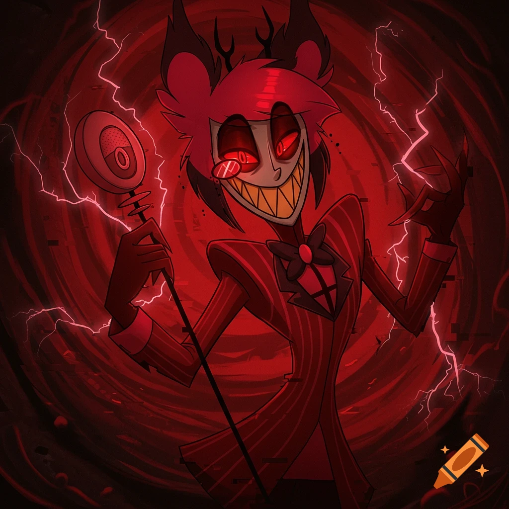 A creepy, smiling Alastor from Hazbin Hotel, a red-suited demon with antlers, glowing red eyes, and sharp teeth, holding a microphone staff, surrounded by red energy and lightning.