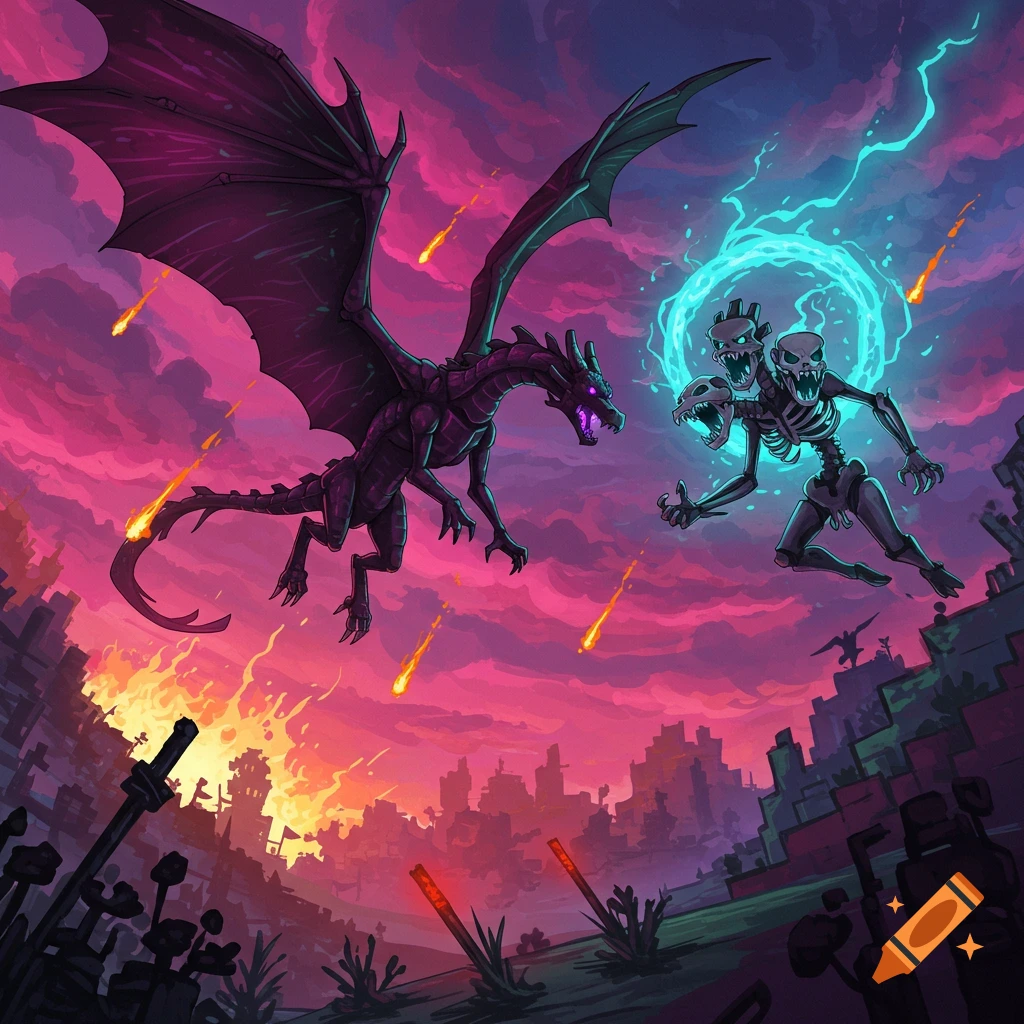 A cartoon Ender Dragon fights a three-headed Wither over a burning city with meteorites falling from a pink sky.