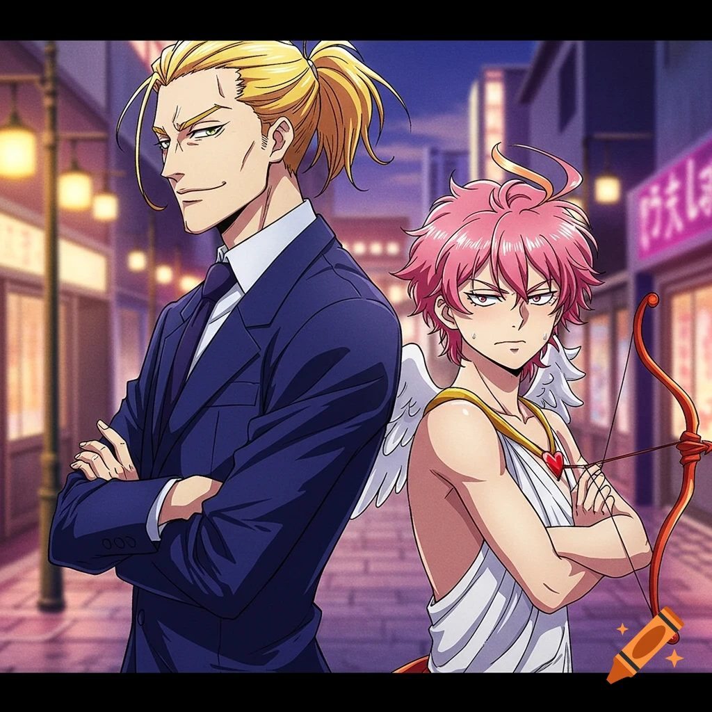 Blond-haired man in a suit stands confidently beside a pouting pink-haired cupid with a bow and arrow, in an anime style city street at night.