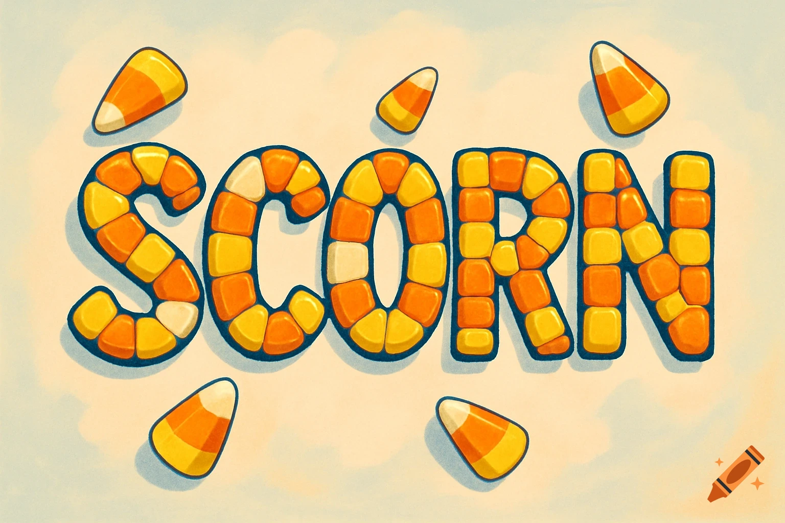The word SCORN spelled out in colorful candy corn pieces, with additional candy corn scattered around on a light background.