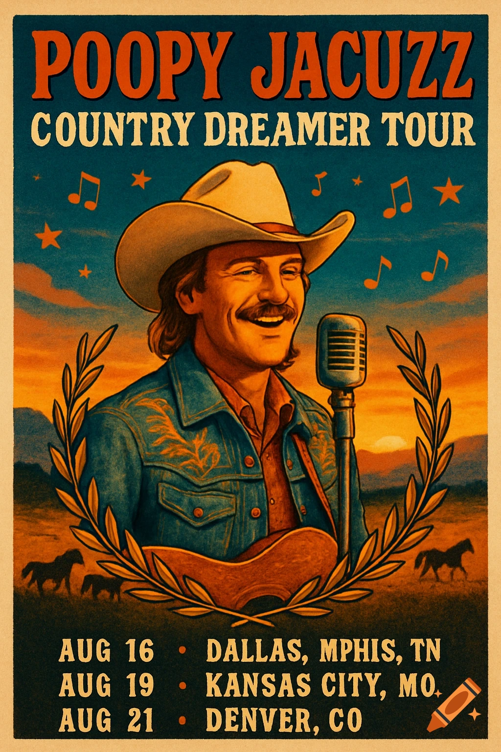 Vintage-style country music tour poster for 'Poopy Jacuzz' featuring a smiling singer in a cowboy hat against a sunset landscape.