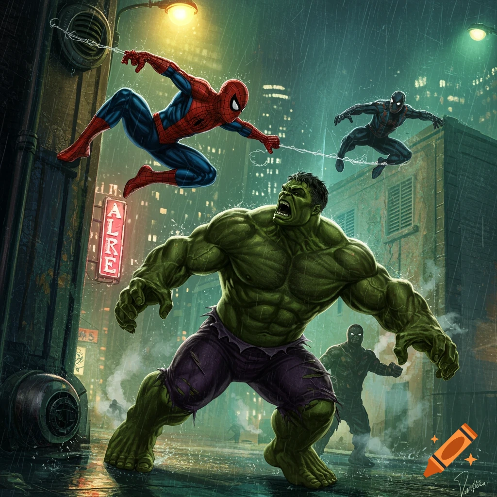 Hulk roars as Spider-Man and a black-suited hero fight an enemy in a rainy, neon-lit city street, comic art style.