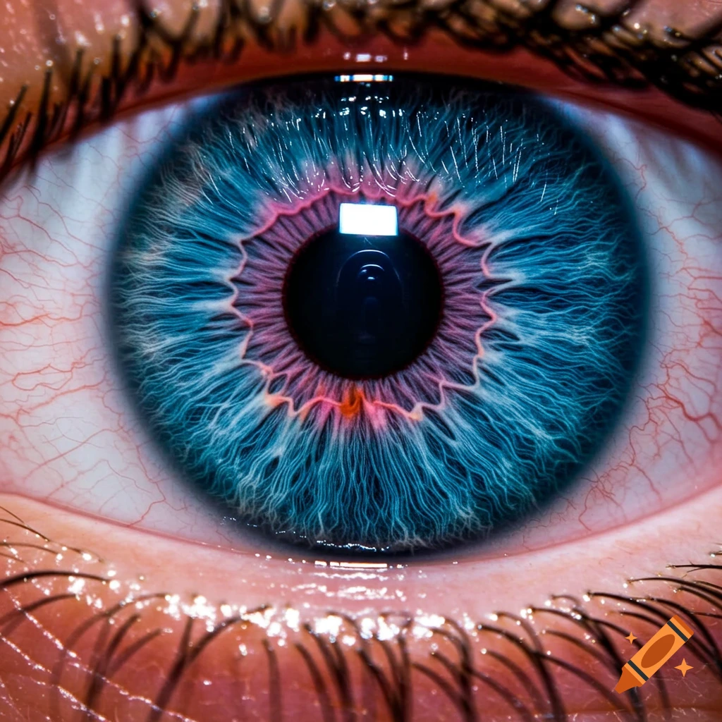 Highly detailed, realistic close-up of a human eye with a blue and purple iris.
