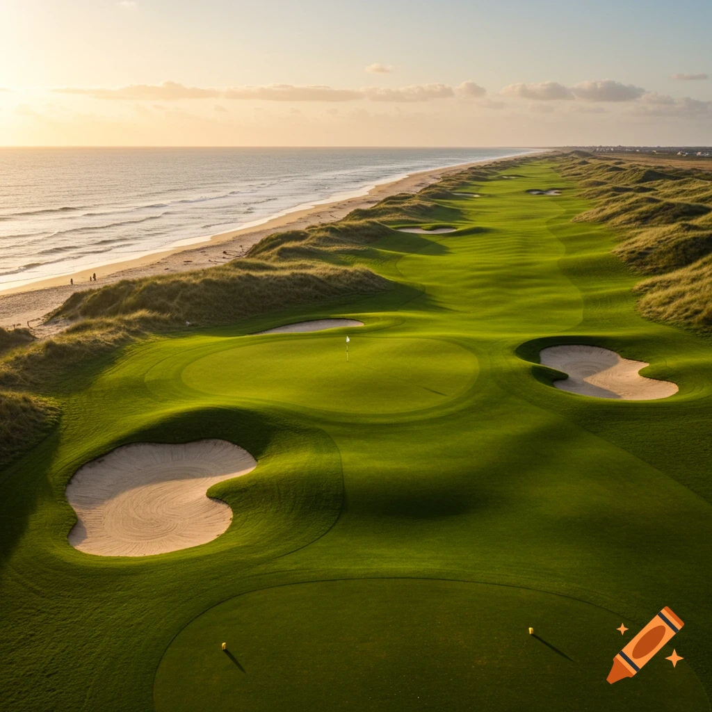 Photorealistic aerial view of a lush green golf course stretching along a sandy beach and ocean under a sunset sky.