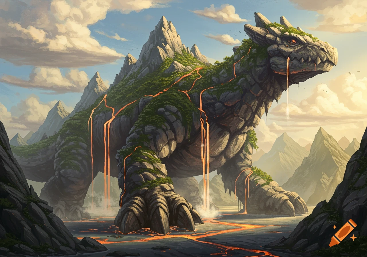 A gigantic, rock-covered, dinosaur-like monster with mountains on its back, spewing lava, stands in an epic landscape under a cloudy sky.