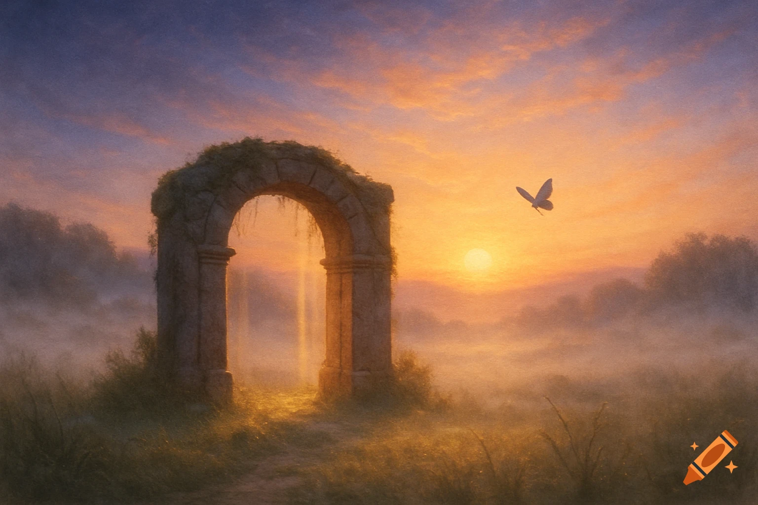 An overgrown stone archway in a misty field at sunset, with a butterfly flying past the glowing sun.
