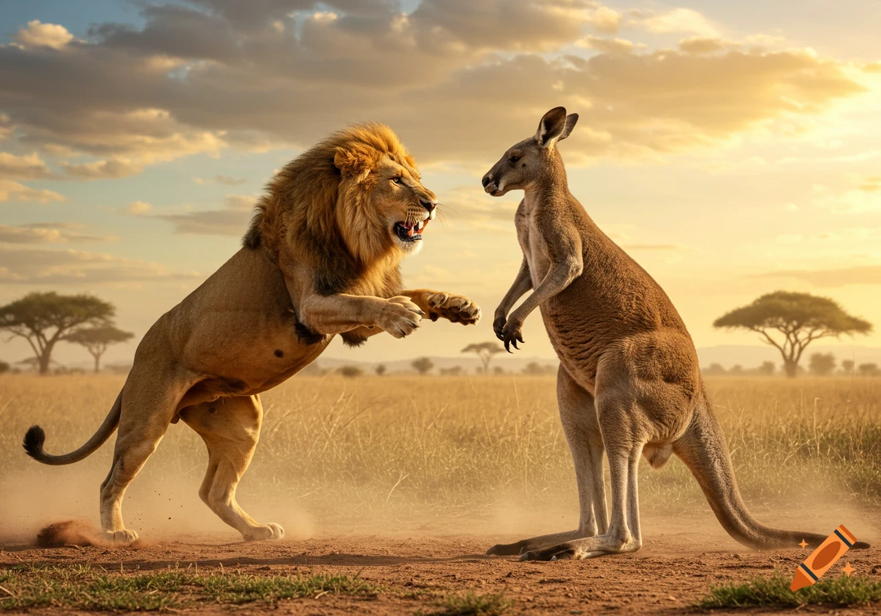 Photorealistic lion lunging at a kangaroo in a dusty savanna at sunset.