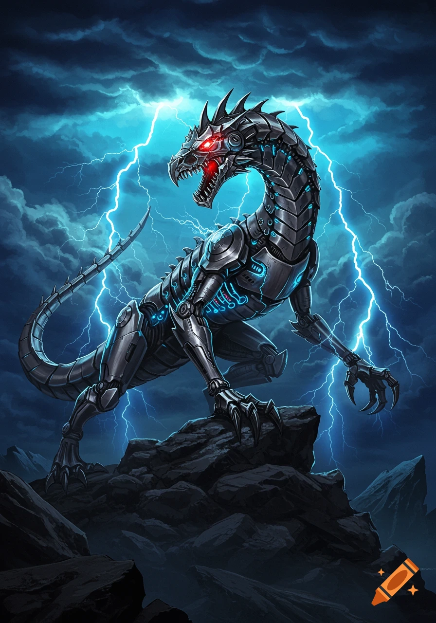 A metallic, cybernetic dragon with glowing blue circuits and red eyes stands on rocks during a lightning storm.