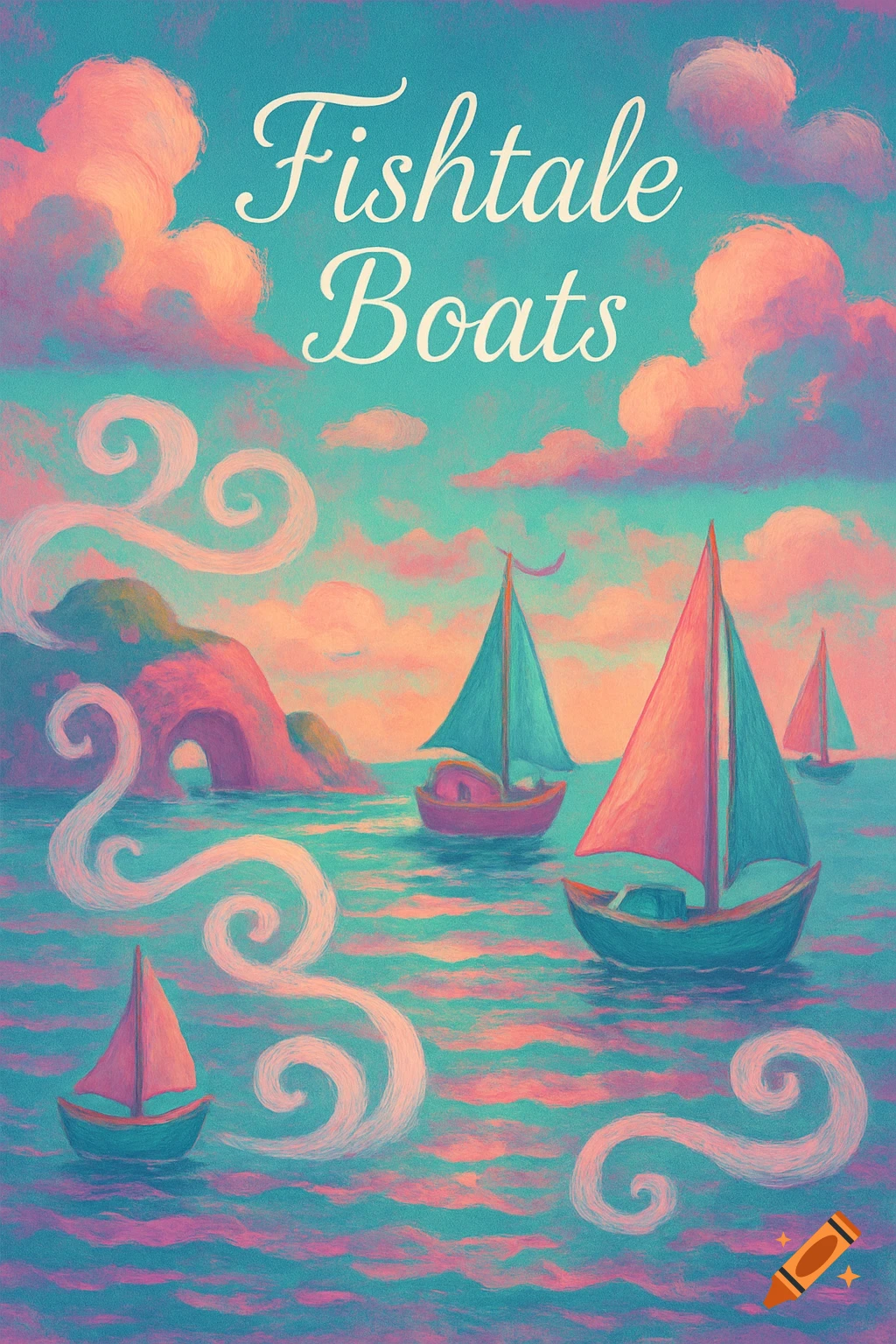 Whimsical painting of sailboats on a vibrant pink and teal ocean with an island and clouds, featuring the text 'Fishtale Boats'.