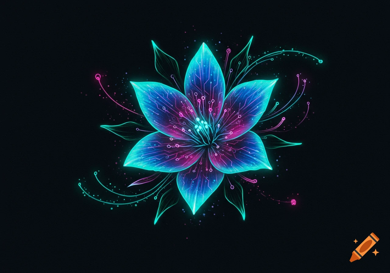 A glowing blue and purple flower with circuit board patterns on a black background, in a cybersigilism style.