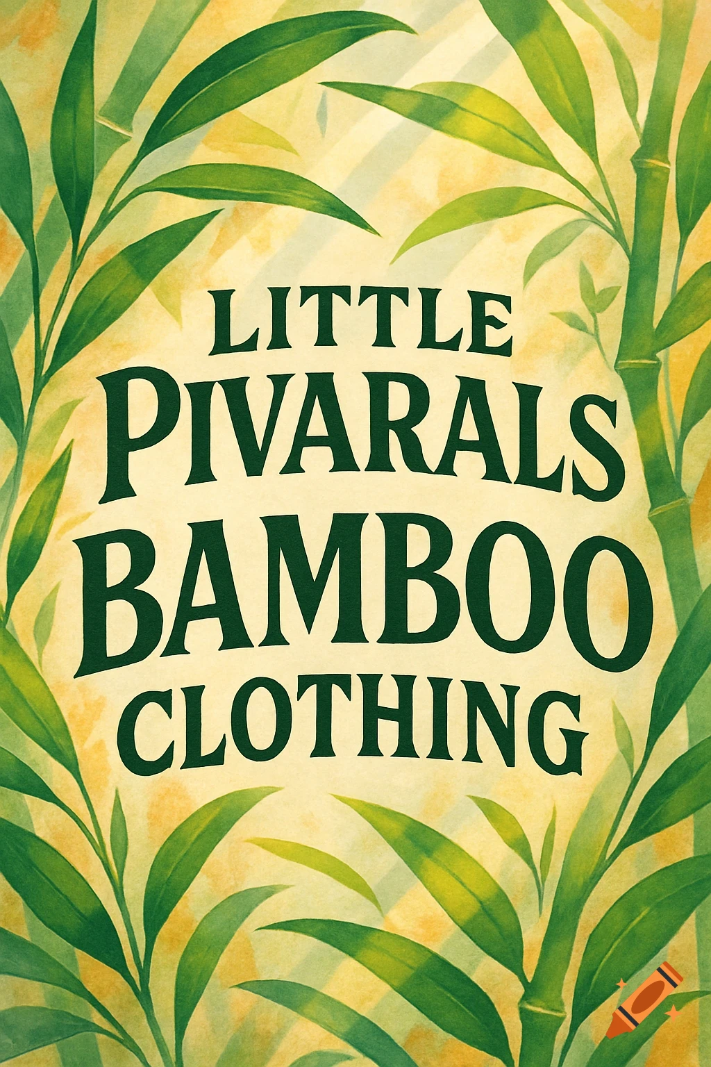 A watercolor style logo with text 'LITTLE PIVARALS BAMBOO CLOTHING' framed by green bamboo leaves.