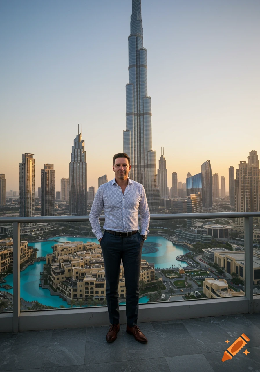 A man in a button-up shirt and pants stands on a balcony overlooking the Dubai skyline with the Burj Khalifa at sunset.