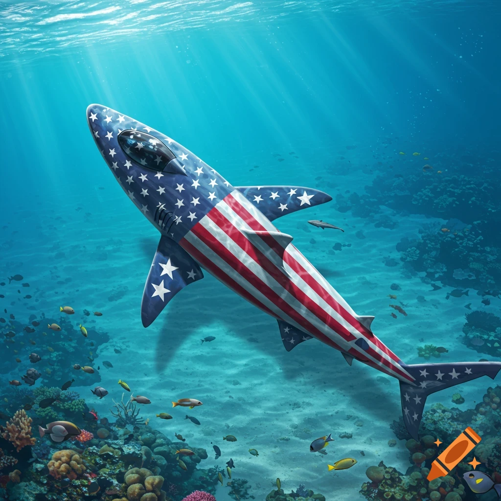 A shark with an American flag pattern, styled like a jet fighter, swims above a vibrant coral reef in clear blue ocean water.